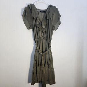 Ralph Lauren Black Label Olive Green Ruffled Tie Front Midi Dress